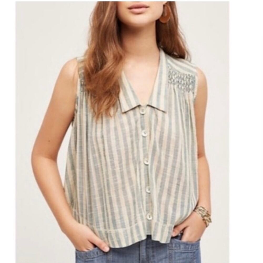 Holding Horses Sz 0 Sleeveless Striped Button Up Smocked Crop Blouse Sage White